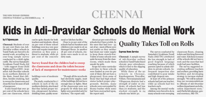 Kids In Adi-dravidar Schools Do Menial Work - Document, transparent png download