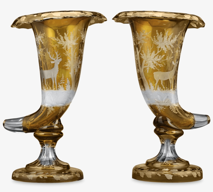 Amber Glass Cornucopia Vases With Woodland Scene - Antique, transparent png download