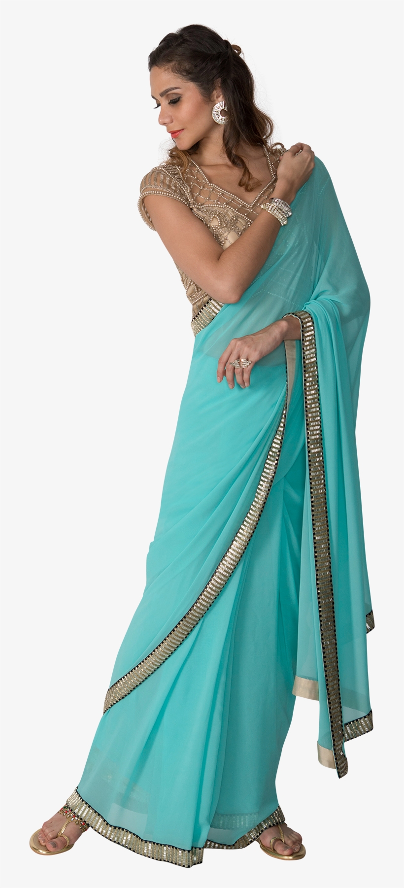 Sky Blue Saree With Gold Blouse By Sonaakshi Raaj - Sari, transparent png download