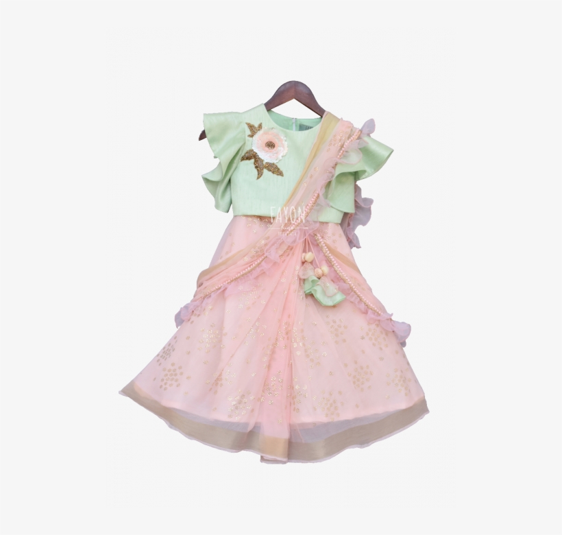 Mint Green Top With Peach Printed Lehenga Saree - Pattern, transparent png download