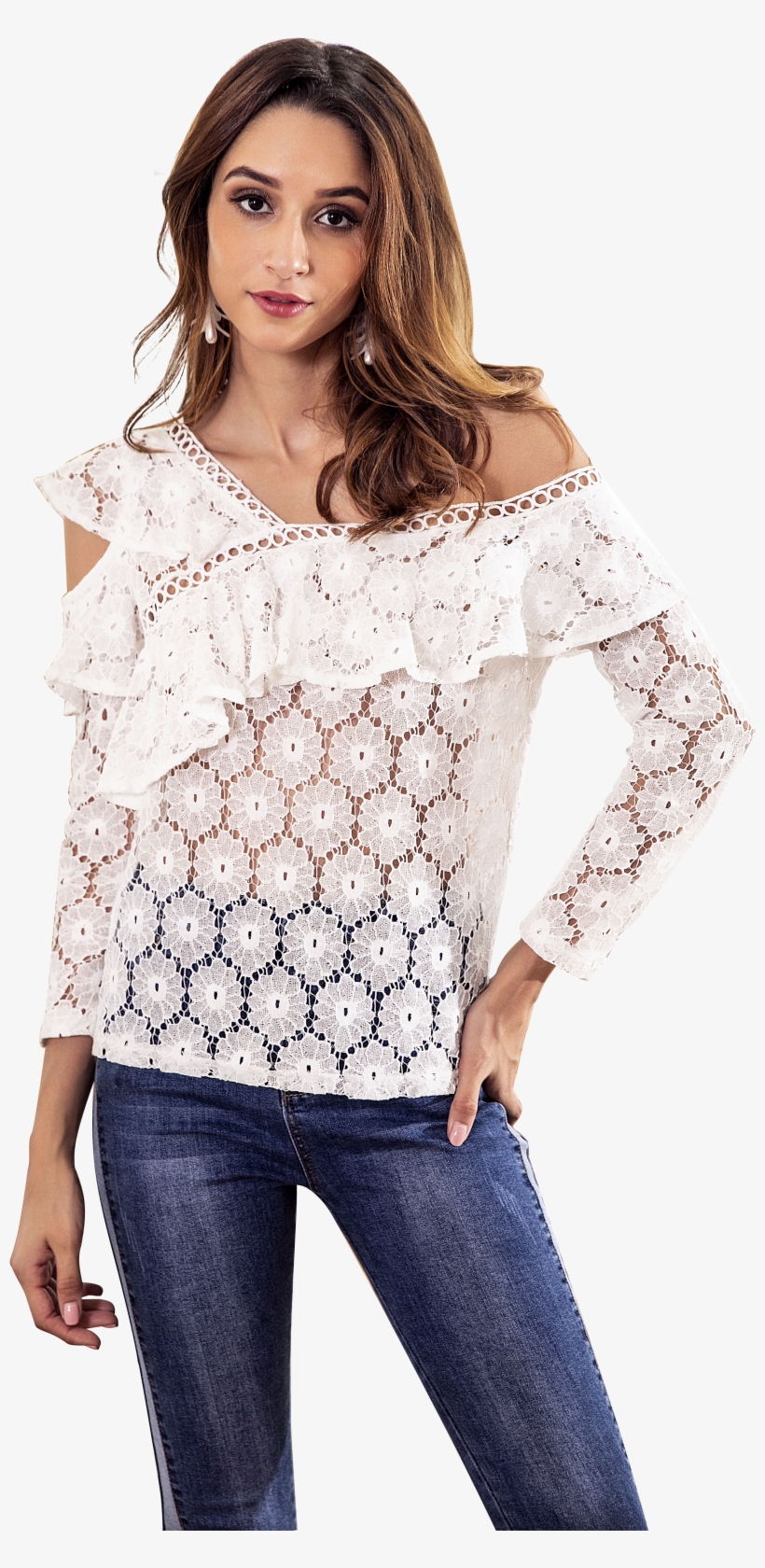White Lace Chic Top With Irregular Shoulder - Blouse, transparent png download