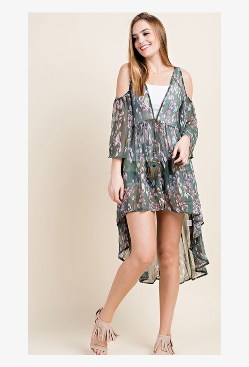 Sage Feather Print Cold Should Duster - Photo Shoot, transparent png download