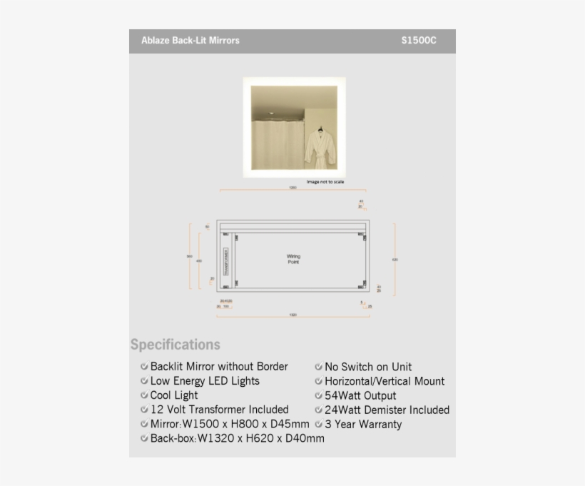 Ablaze Backlit Mirrors S Range S1500c W1500 X H800 - Cabinetry, transparent png download