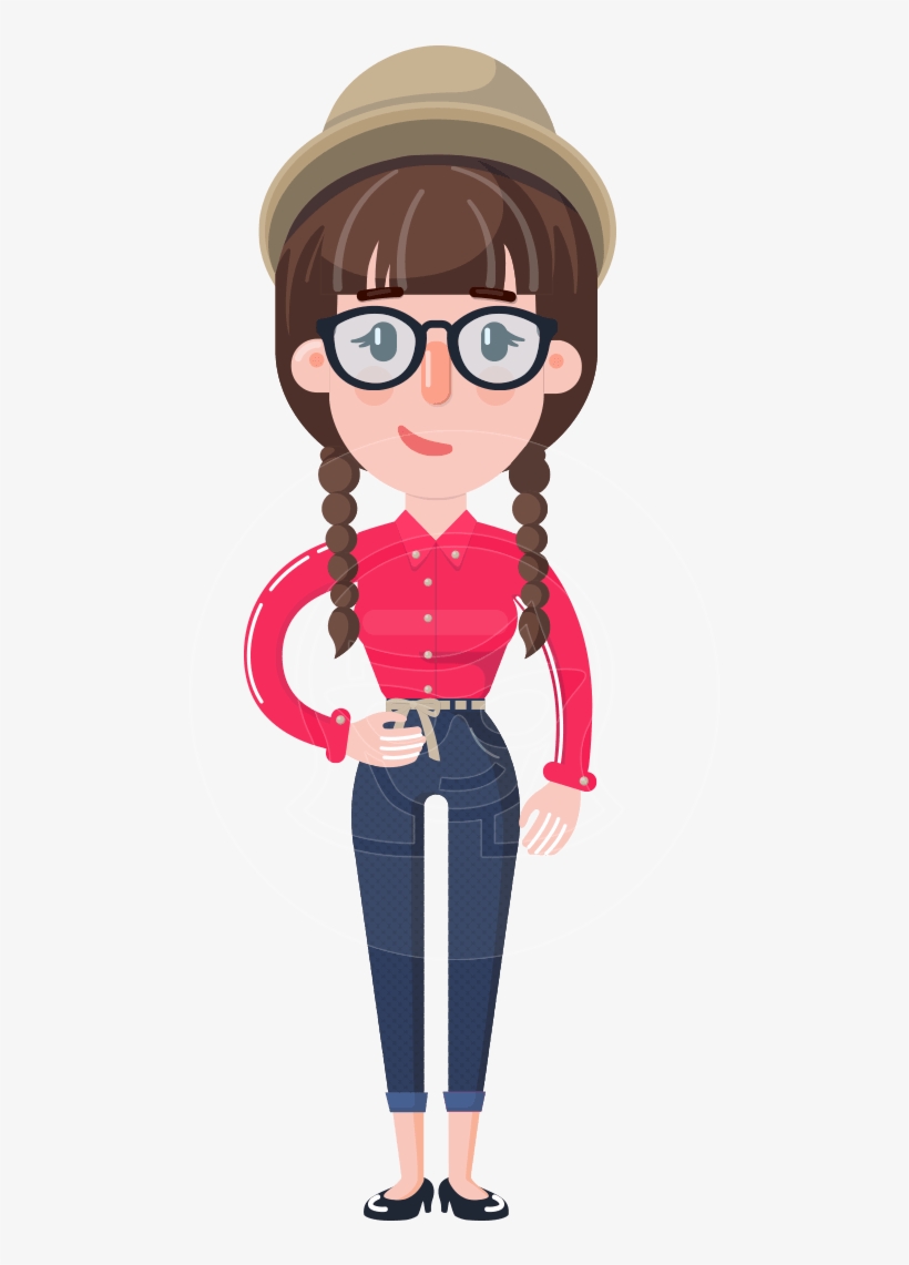 Flat Fashionable Girl With Hat And Pigtails - Cartoon, transparent png download