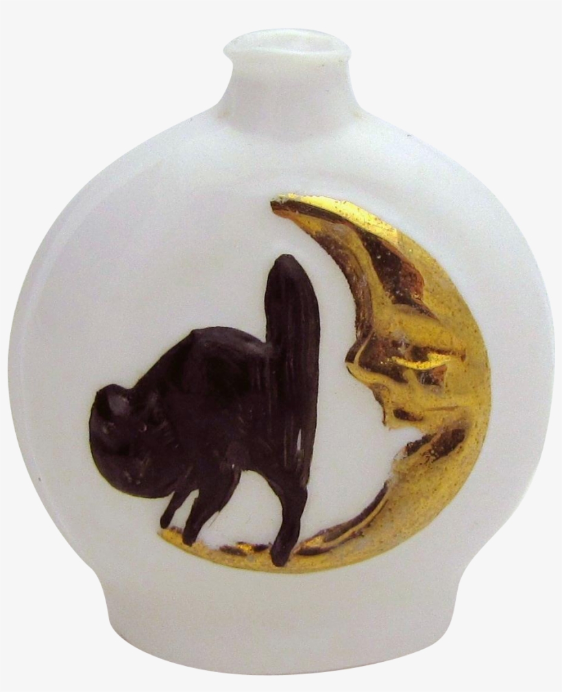 Vintage Art Deco Halloween Black Cat On Moon Milk Glass - Ceramic, transparent png download