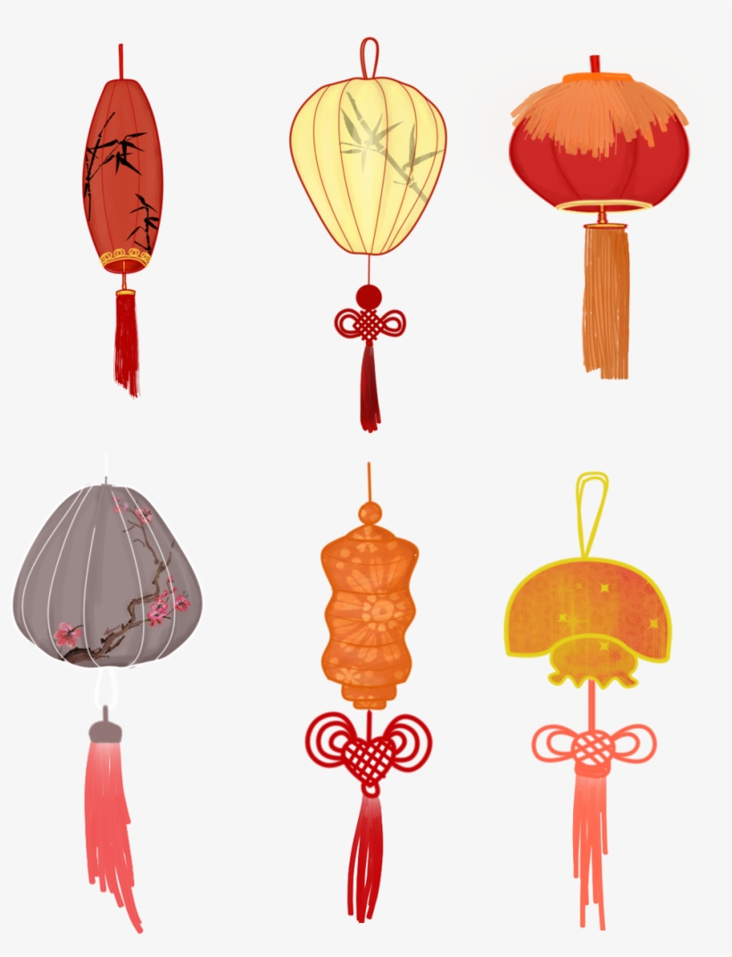 Lantern Set Illustration Tassel Chinese Knot Png And - Illustration, transparent png download