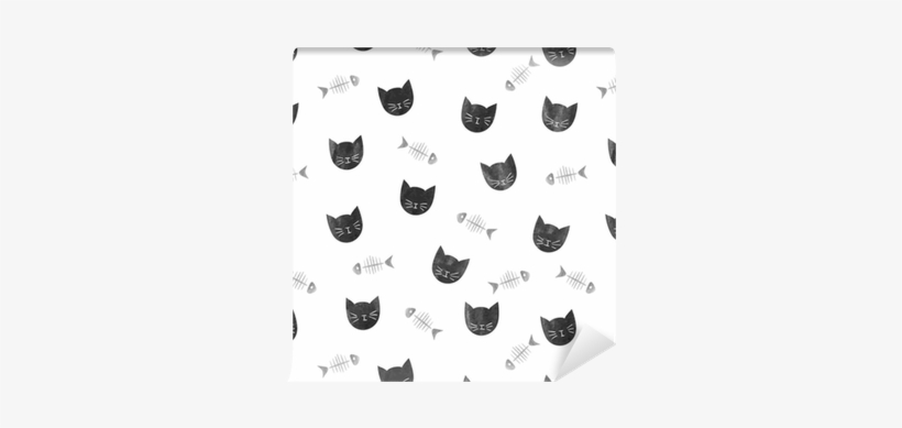 Seamless Pattern With Watercolor Black Cats And Fishbones - Cat, transparent png download