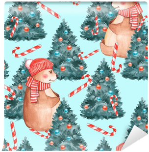 Watercolor Seamless Pattern With Teddy Bear And Fir - Christmas Day (400x400), Png Download