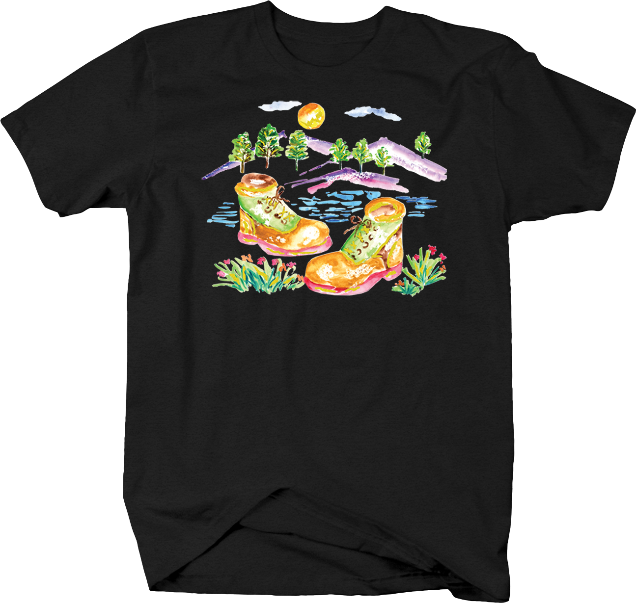 Watercolor Work Boots Hills Trees Sun Flowers Water - Only Good Suit Is A Wetsuit Surfing Ocean Beach Scuba (1295x1229), Png Download