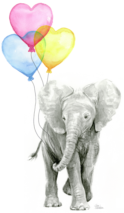 Watercolor Elephant With Heart Shaped Balloons Fleece - Elephant Watercolour (408x700), Png Download