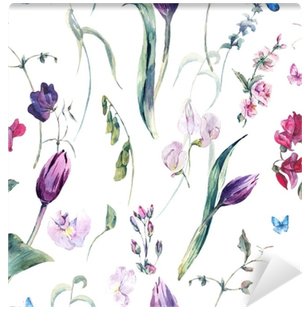 Watercolor Seamless Background With Sweet Peas, Tulips - Watercolor Painting (400x400), Png Download
