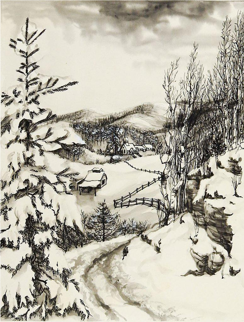 Sunday In Vermont Winter Watercolor - Winter Watercolor (862x1138), Png Download