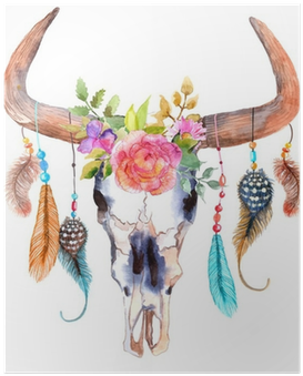 Watercolor Bull Skull With Flowers And Feathers Poster - Boho Cow Skull (400x400), Png Download