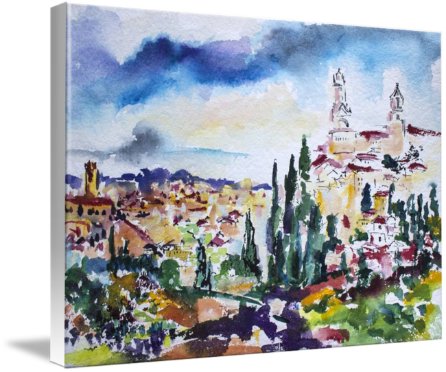 Siena Italy Tuscan Landscape Watercolor By Ginette - Painting (650x542), Png Download