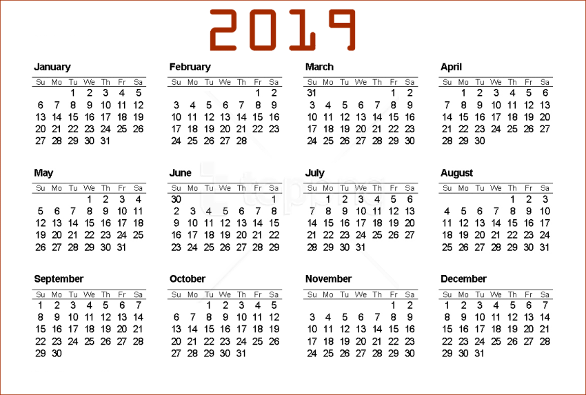 Free Png Download 2019 Calendar Png Png Images Background - Printable 12 Month 2019 Calendar (850x573), Png Download