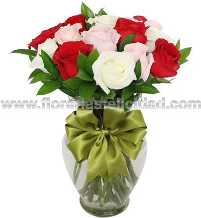 Florero 24 Rosas Rojas Blancas Y Rosas - Mexico City (600x499), Png Download