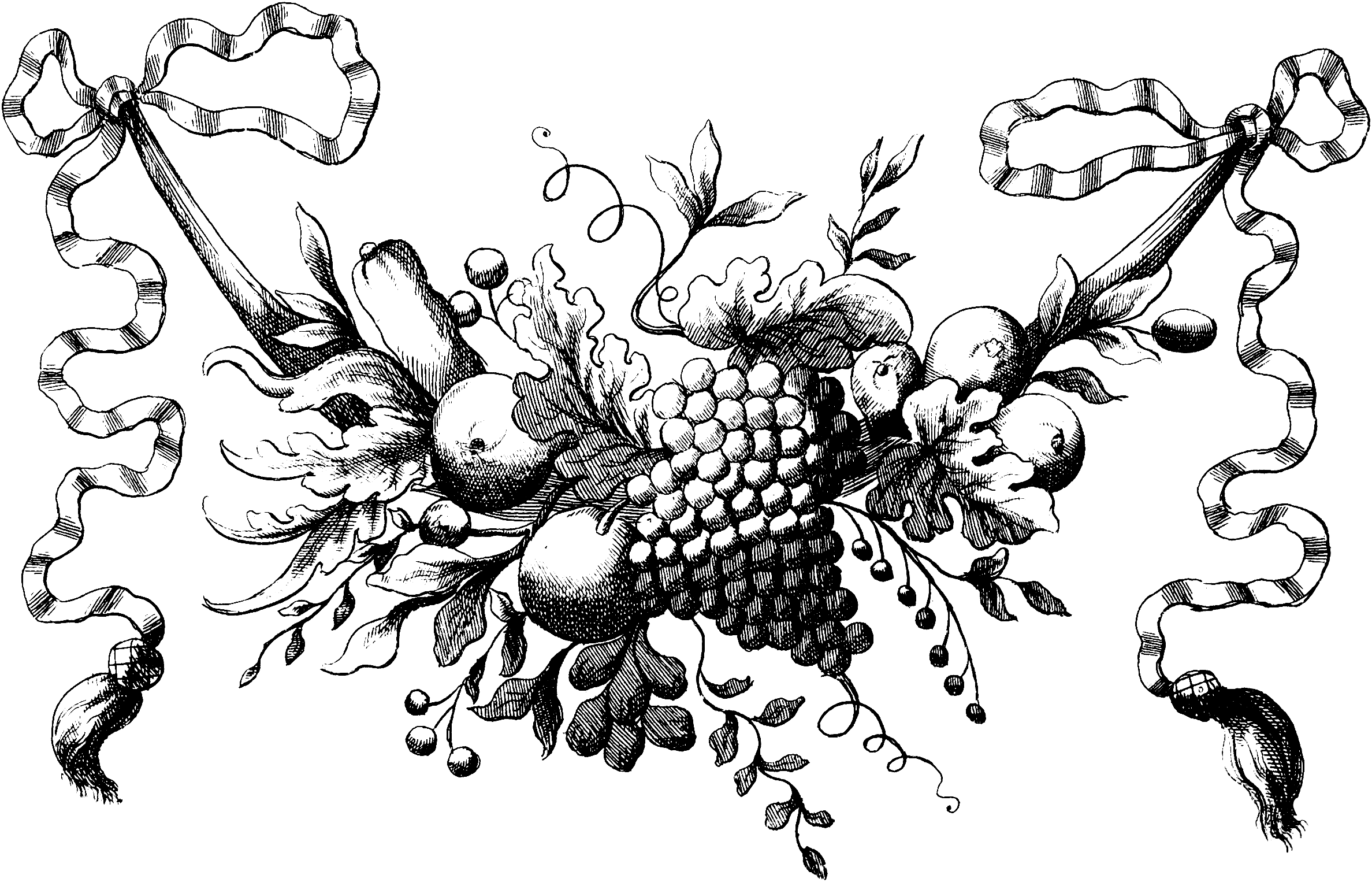 Vintage Ribbon Fruit Swag Illustration - Vintage Fruits Clipart (2375x1526), Png Download