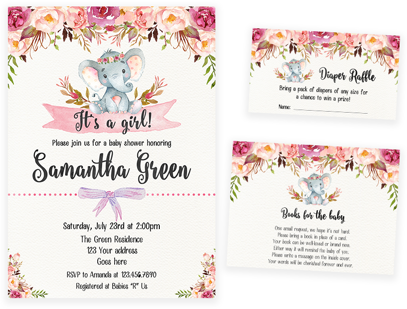 Elephant Floral Boho Invitation Pack - Baby Shower Title Boho (819x1024), Png Download