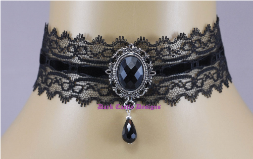 Black Lace Velvet Necklace Choker Glass Jewel Retro (500x500), Png Download