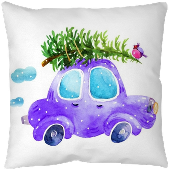Watercolor Winter Retro Car With Christmas Tree And - Christmas Tree On Car Drawing (400x400), Png Download