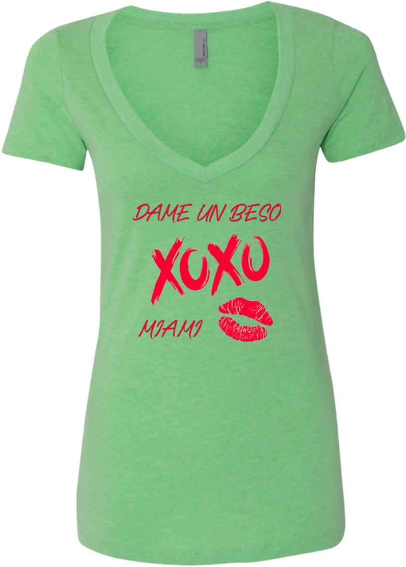 Dame Un Beso Miami Xoxo Ladies' Deep V Neck T Shirt (1155x1155), Png Download