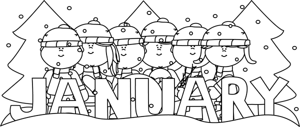 Black And White Month Of January Winter Kids Clip Art - January Clip Art Black And White (600x254), Png Download