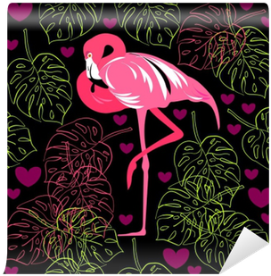 Seamless Pattern Of Flamingo, Leaves Monstera, Tropical - Leaf (400x400), Png Download