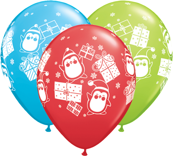 11" Penguins & Presents - Quarubber 11 Inch Rubber Balloon - Penguin & Presents (555x501), Png Download