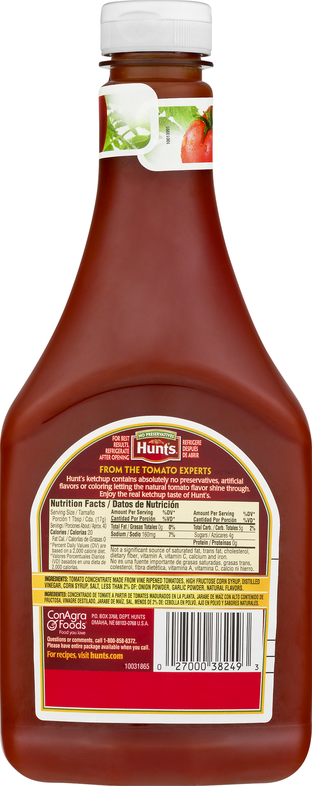 Hunt's 100% Natural Tomato Ketchup - 24 Oz Bottle (994x2500), Png Download