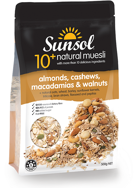 Almonds, Cashews, Macadamias & Walnuts - Sunsol Muesli (500x615), Png Download