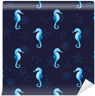 Watercolor Blue Seamless Pattern With Sea Horses And - Watercolor-seepferde Auf Marine-blau-muster Steinuntersetzer (400x400), Png Download