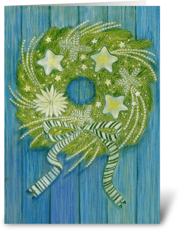 Holiday Wreath On Blue Wall Greeting Card - Christmas Star Wreath From Our Home To Yours Card (700x792), Png Download