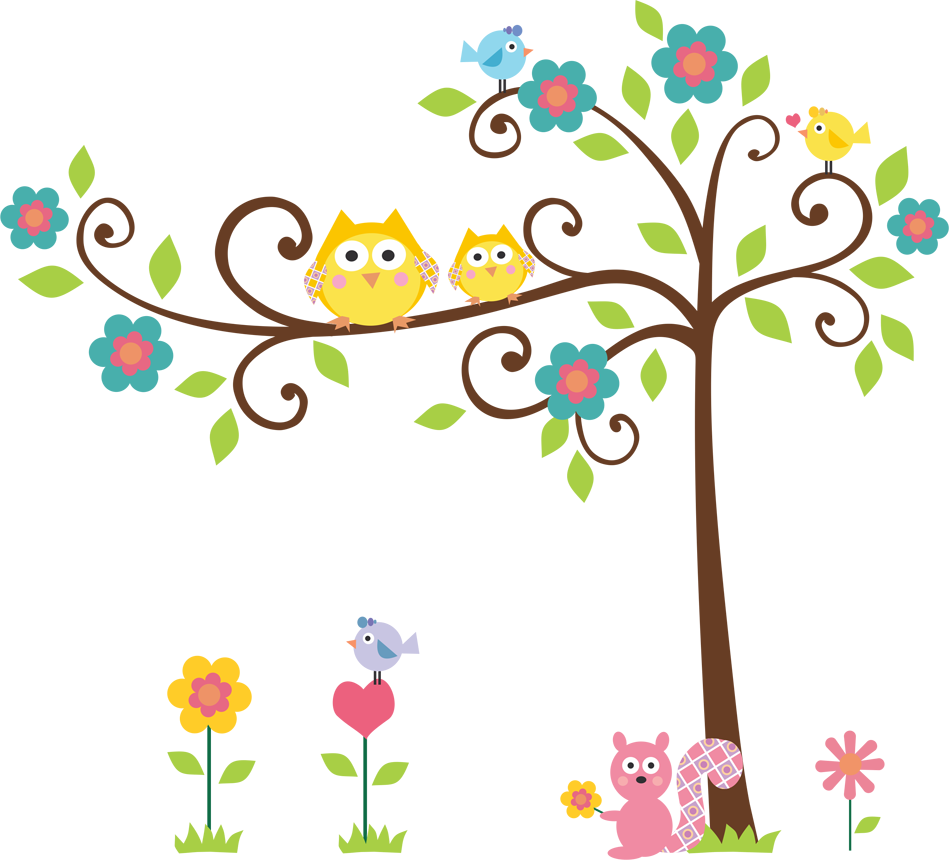 Árvore Com Corujas, Passarinhos E Um Esquilo Rosa - Arvore Coruja Png (949x860), Png Download