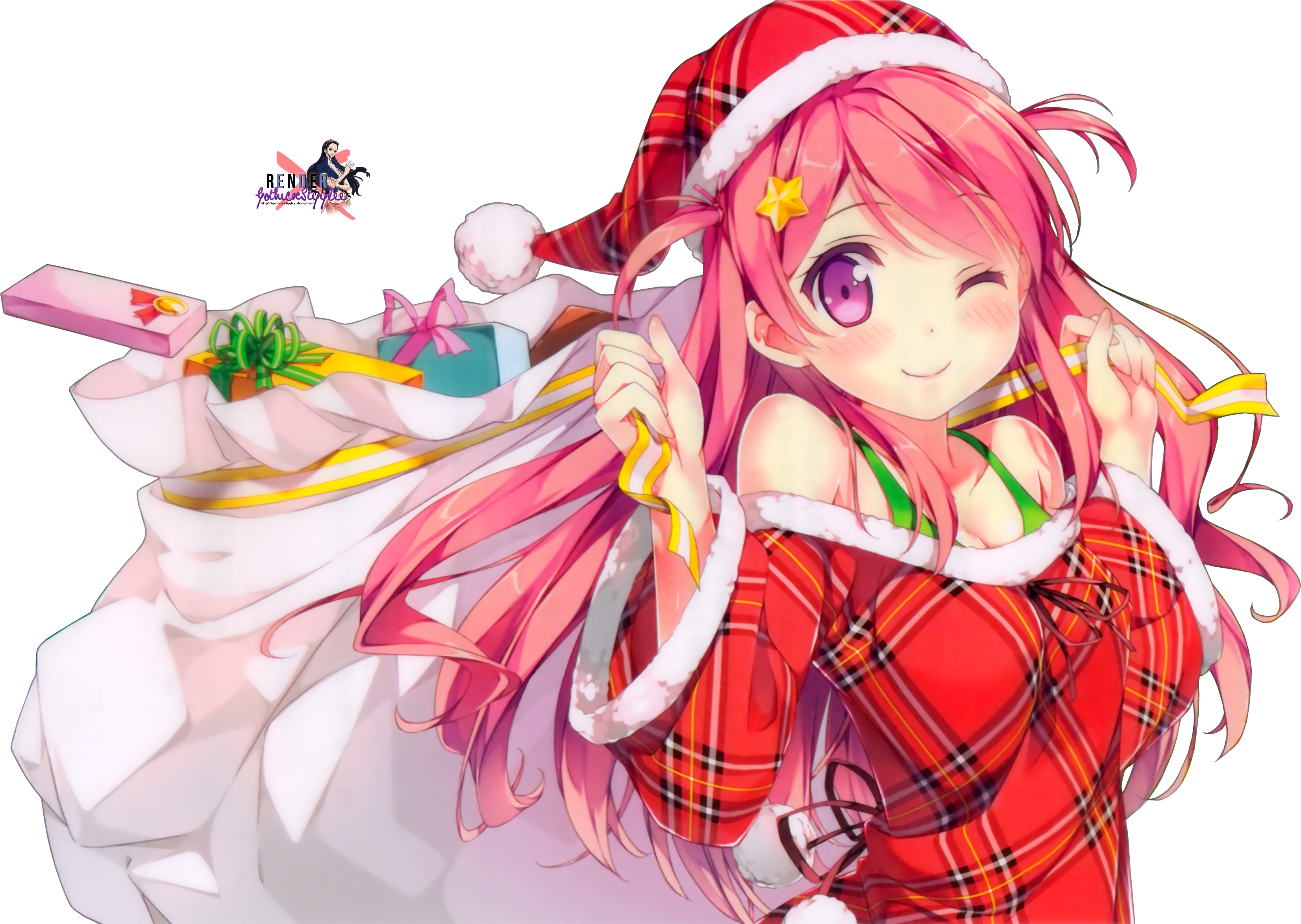 Santa Girl Hd Wallpaper - Anime Girl With Santa Hat (3478x2346), Png Download