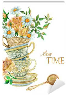 Watercolor Tea Cups Background With Spoon And Flowers - Water Color Floral Tea (400x400), Png Download