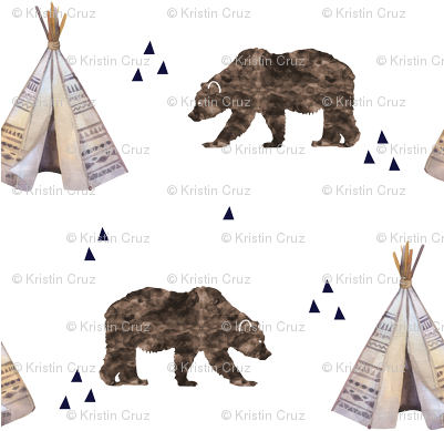 Watercolor Bears And Teepee - Bears Fabric - Watercolor Bears Andteepee Custom Fabric (400x400), Png Download