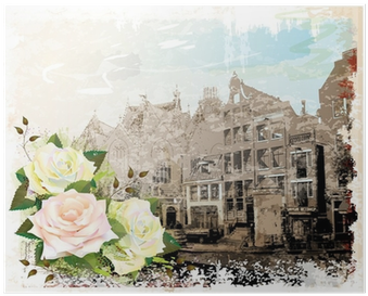 Vintage Illustration Of Amsterdam Street And Roses - Illustration (400x400), Png Download