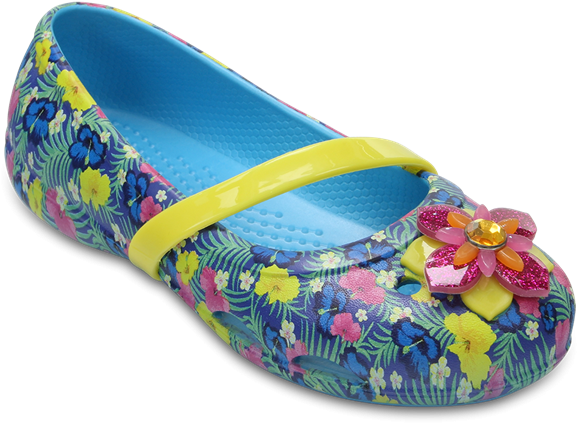 Crocs Kids Floral Strap Shoe Lina - Crocs Lina Graphic Electric Blue & Green Flat Ballets (600x860), Png Download