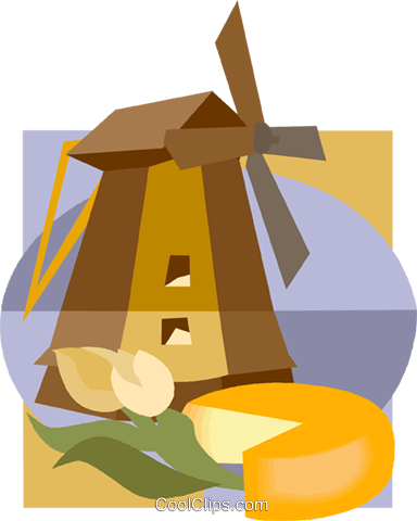 Dutch Windmill With Tulip And Cheese Royalty Free Vector - Dutch Windmill Png Cartoon (384x480), Png Download
