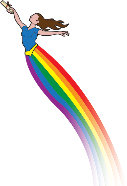 Cartoon Of Lady With Lang Flowing Skirt With Rainbow - Rainbow Person Cartoon (408x600), Png Download