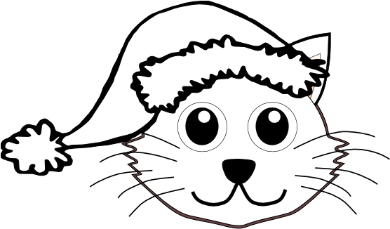 Palomaironique Cat Face Cartoon With Santa Hat Black - Christmas Cat Black And White (555x383), Png Download