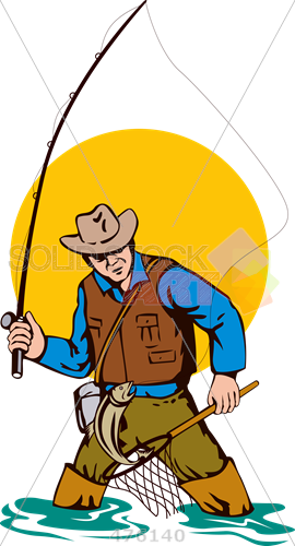 Cartoon Rendering Of Fisherman Fly Fishing Holding - Fly Fishing Clip Art (270x500), Png Download