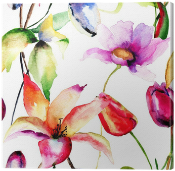 Watercolor Painting Of Tulips And Lily Flowers Canvas - Flowers Tulips Painting (400x400), Png Download