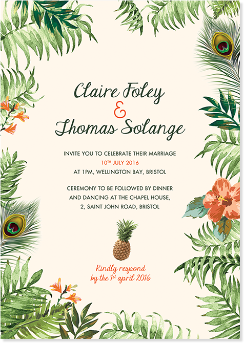 Invitation Jungle Pepperandjoy Front Uk - Tropical Jungle Wedding Invitation (700x700), Png Download
