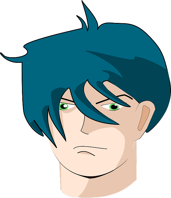 Blue, Man, Male, Face, Cartoon, Hair, Men, Long, - Boy With Blue Hair Cartoon (552x640), Png Download