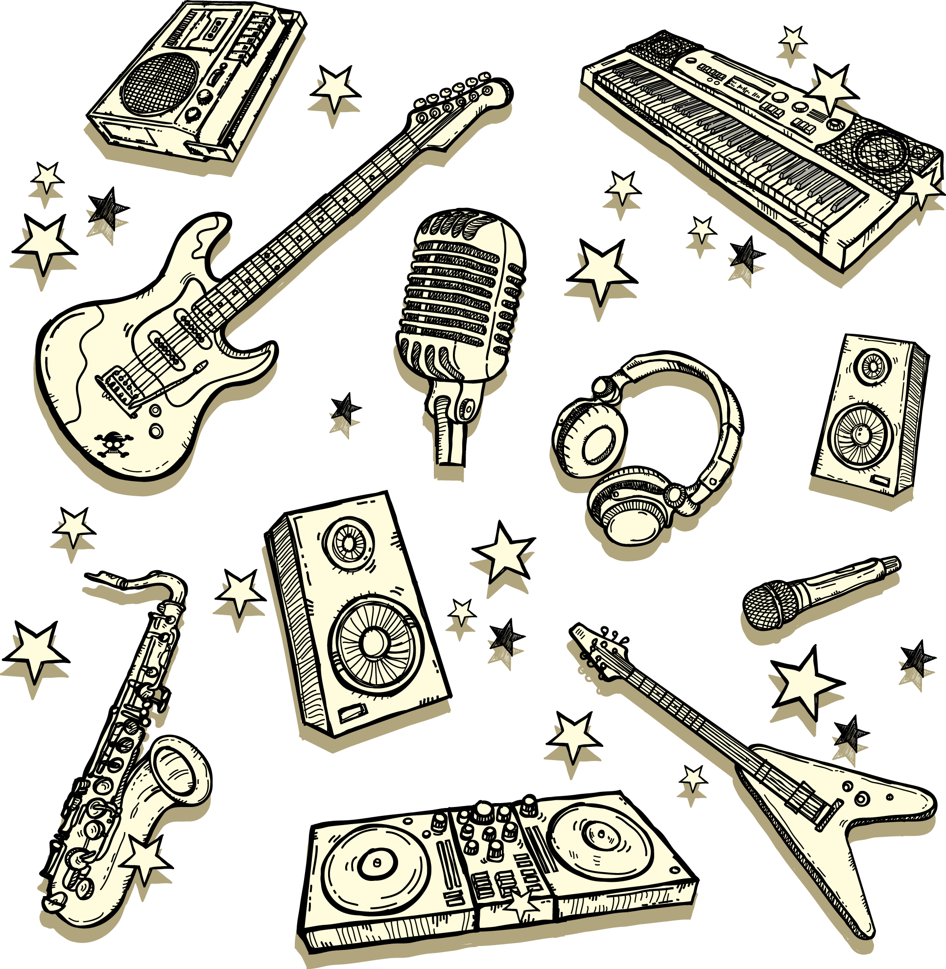 Hand-painted Guitar Sound Keyboard And Other Musical - Music (1932x1980), Png Download