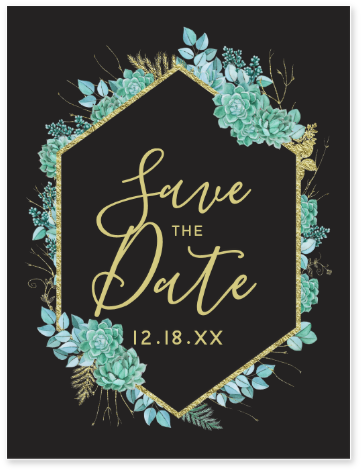 Aqua Teal Watercolor Succulents Gold Foil Frame & Black - Wedding Invitation (397x548), Png Download