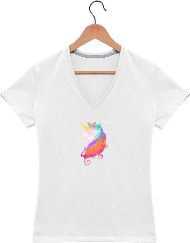 T Shirt V Neck Women Watercolor Unicorn By Pinkglitter - T-shirt (690x850), Png Download