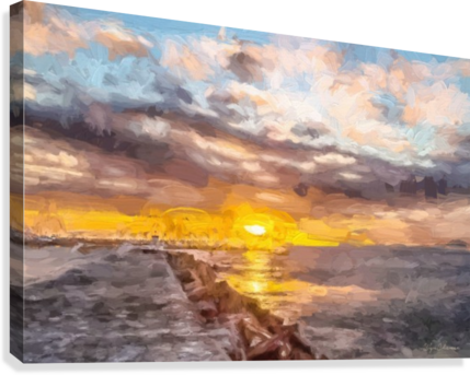 Pier Sunset Canvas Print - Painting (429x343), Png Download