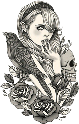 Gray Drawing Watercolor - Pin Up Girl Skull (500x595), Png Download